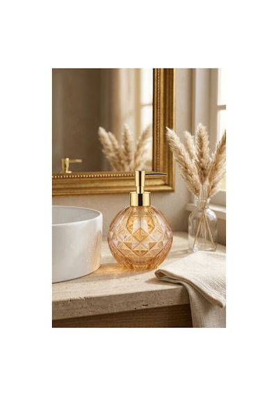 Boby Diamond Küre Cam Sıvı Sabunluk Gold Pompalı Kristal Desenli Dekoratif Banyo Ve Mutfak Dispenseri - 16 Cm X 10 Cm - 500ml - Turuncu