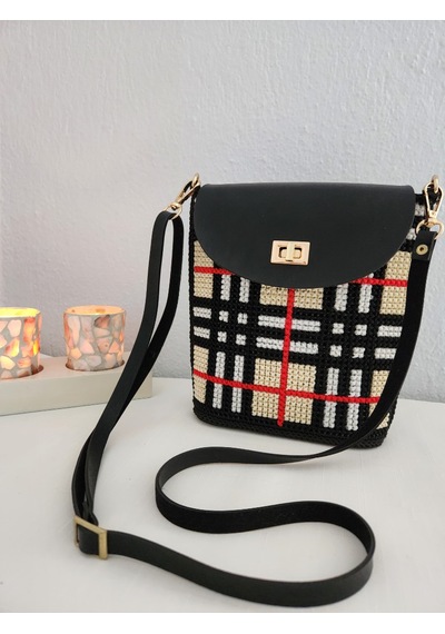 Burberry Desen, Kanvas İşleme, Handmade Renkli, Kadın Mini Çanta Siyah