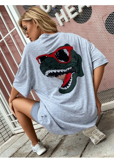 Flood Of Style Kadın Gri Sırt Baskılı Dinazor Oversize T-shirt