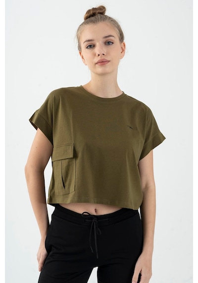 Maraton Sportswear Comfort Kadın Bisiklet Yaka Kısa Kol Basic Zeytin Crop Top 20856 Zeytin Yeşili Yeşil