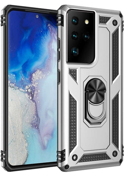 Samsung Galaxy Uyumlu S21 Ultra Kılıf Sert Silikon Yüzüklü Stand Özellikli Kapak