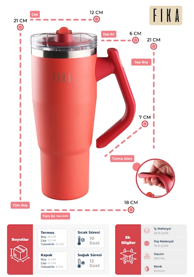 Neoflam Fika Lumi Patentli Döner Kulplu Sızdırmaz Çift Ağızlıklı Çelik Termos 950 Ml Kırmızı