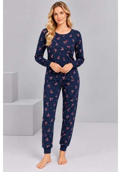 Pijamask Kadın Lacivert Baston Şeker Desenli Pamuklu Pijama Takımı Lacivert