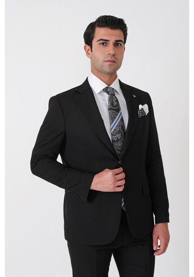 Efor Slim Fit Çift Yırtmaç Esnek Yünlü Düz Siyah Takım Elbise Tk 948