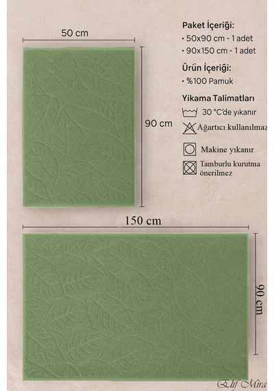 Banyo & Yüz Havlusu Seti Dokulu %100 Pamuk 90x150 + 50x90 Cm Foliva Yeşil
