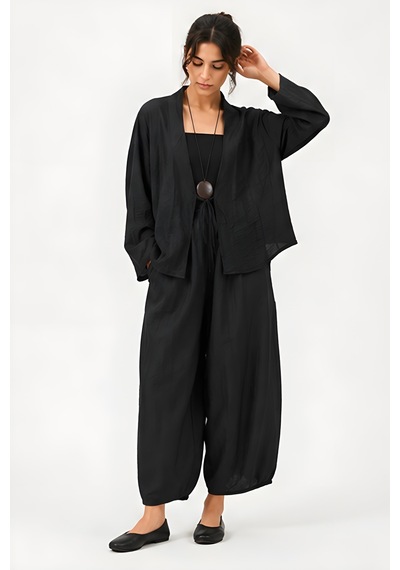 Lili Woman Kadın Siyah Krinkle Dokulu Oversize İkili Takım 50970