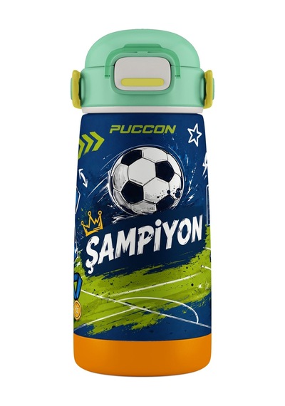 Puccon 420 Ml Erkek Çocuk Lacivert Yeşil Futbol Topu Baskılı Pipetli Çelik Okul Suluğu Matarası - 60029 Çok Renkli