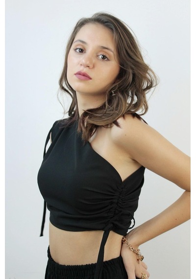 Mois Atelier Tek Omuz Büzgülü Crop Top, Tasarım, Hediye, Büyük Beden Siyah