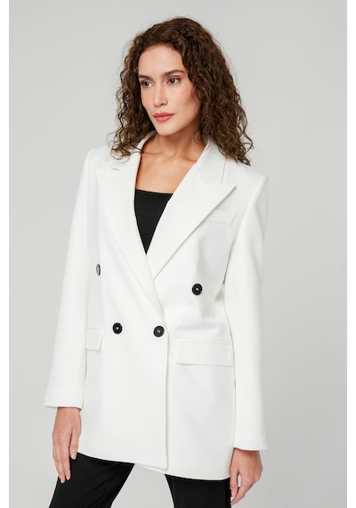 Ekru Regular Astarlı Kruvaze Kapama Dokuma Blazer Ceket 001
