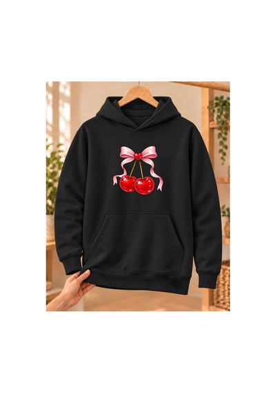 Mor Mürekkep Kadın %100 Pamuk 3 İplik Şardonlu Kalpli Fiyonklu Kiraz Baskılı Kapüşonlu Sweatshirt Siyah