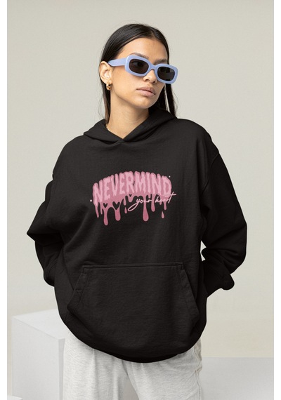 Nevermind Unisex Oversize Hoodie Sweatshirt Pembe Baskılı Kapüşonlu Siyah