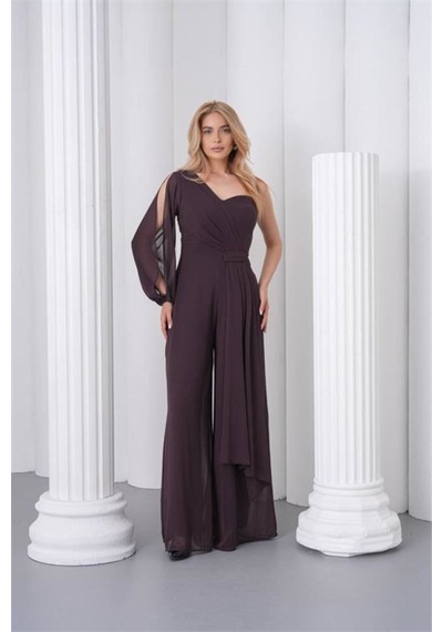 Neşeli Butik Kadın Kahverengi Tek Kol Astarlı Tül Kumaş Tasarım Abiye Tulum Nbs9389