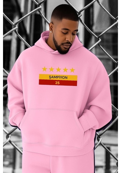 Benroma 3 İplik Penye Şampiyon Baskılı Büyük Beden Sweatshırt Pembe