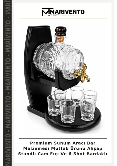 Premium Sunum Aracı Bar Malzemesi Mutfak Ürünü Ahşap Standlı Cam Fıçı Ve 6 Shot Bardaklı Çok Renkli