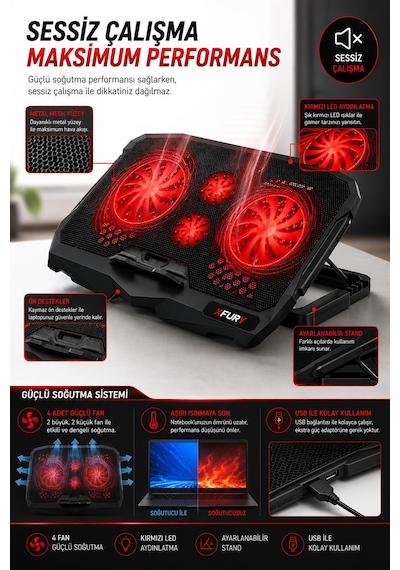 Fury E-sport Laptop Soğutucu 4 Fanlı Ayarlanabilir Dizüstü Bilgisayar Soğutma Fanı