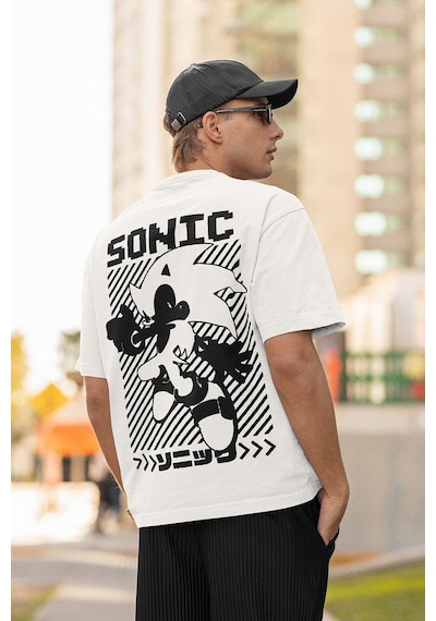 Sonic Çizgi Film Baskılı Unisex Oversize Tişört Beyaz