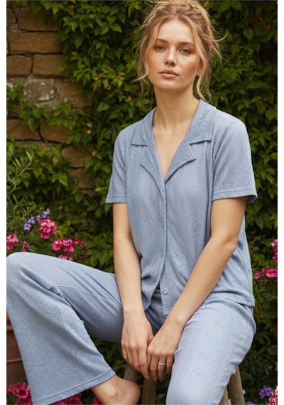 Siyah İnci Pointel Ajurlu/delikli Kısa Kollu Düğmeli Örme Pijama Takım26120536 İndigo