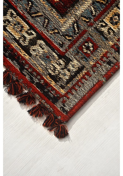 Narvi Nostaljik Kilim Kırmızı Robot Süpürge Uyumlu Oturma Odası Salon Kolay Temizlenebilir Saçaklı Dekoratif Halı