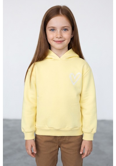 Fullamoda 3 İplik Kalp Baskılı Kapüşonlu Kız Çocuk Sweatshirt Sarı