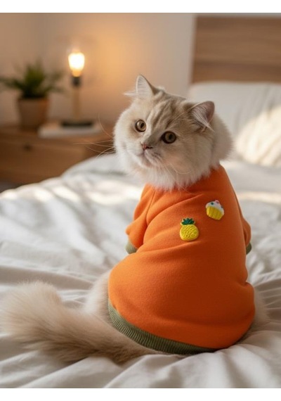 Kemique Ice Cream & Pineapple Turuncu Haki Kedi Polar Sweatshirt Sıcak Tutan Yumuşak Kedi Kıyafeti