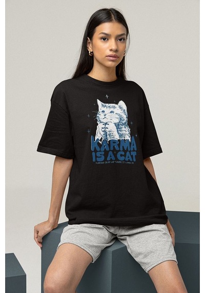 Karma Is A Cat Taylor Swift Baskılı Unisex Oversize Şarkıcı Tişör Siyah