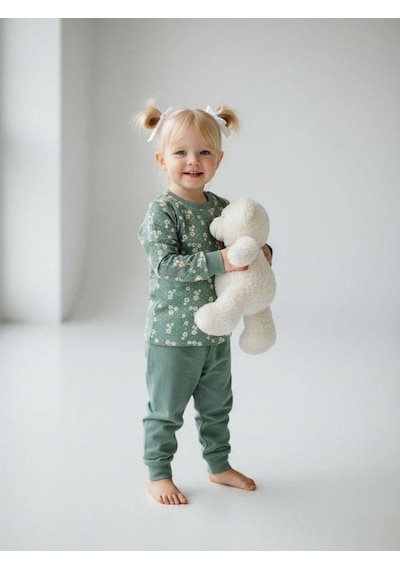 Zekids Kız Çocuk Pamuklu Çiçek Desenli Pijama Takımı-16851 Mint