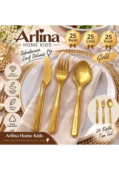 25 Kişilik Gold Plastik Çatal-kaşık-bıçak Seti 75 Parça Altın
