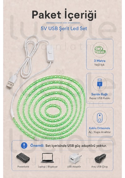 3 Metre 5v Usb Yeşil Şerit Led Aç Kapa Anahtarlı Gaming Tv Masa Raf Powerbank Dekoratif Işık