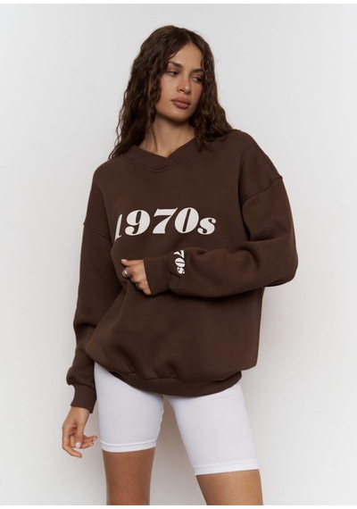 Kadın Katlamalı V Yaka 1970's Baskılı Oversize Sweatshirt Kahverengi