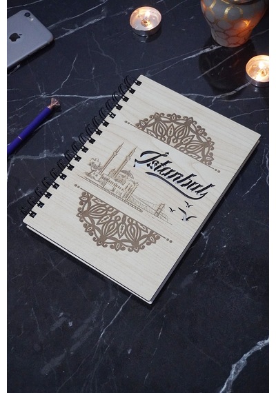A5 Spiralli Istanbul Desen Ahşap Defter - Ajanda - Çizgisiz Defter Ahşap Rengi Banu - A5 Notebook Gümüş