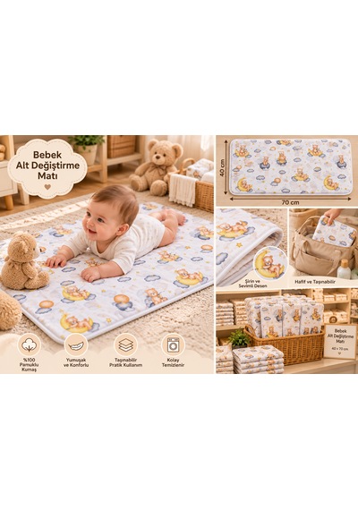 Zeyno Home Tekstil Pamuklu Bebek Alt Değiştirme Minderi 40x70 Cm Ayıcıklı Desenli Taşınabilir Bebek Bakım Matı