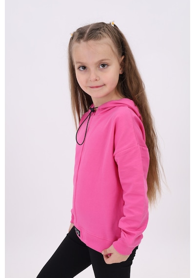 Kız Çocuk Oversize Kapüşonlu Düşük Omuz Baskılı Nervürlü Sweatshirt - 2 İplik Fuşya