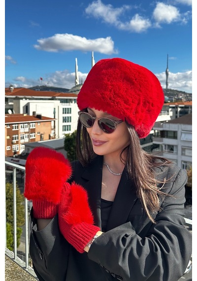 Mollycrush Kadın Kırmızı Kalpak Ve Eldiven Set Kırmızı