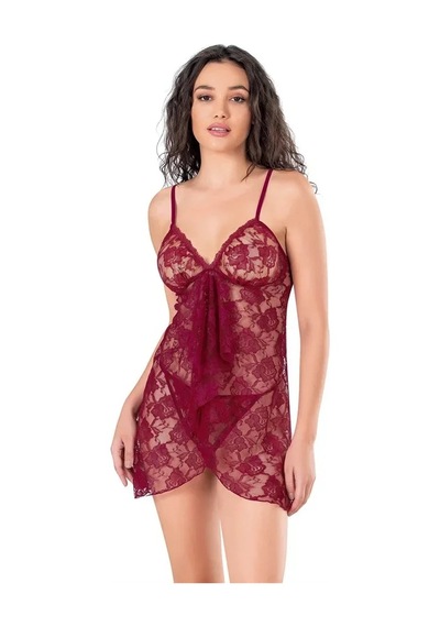 Ang Butik Kadın Dantel İşlemeli Bordo Kısa Tül Gecelik
