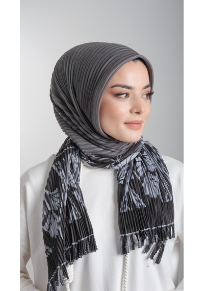 Hürrem Bone Füme Pratik Hazır Geçmeli Tesettür Eşarp Kesik Elyaf Piliseli Çiç (553629983) Füme