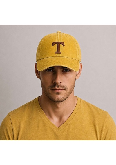 Tesbihane İsme Özel Harf Nakışlı Sarı Vintage Stil Eskitme Kumaş Ayarlanabilir Unisex Beyzbol Şapkası