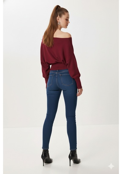 Fiolin Omuzu Açık Off Shoulder Triko Kazak Bordo