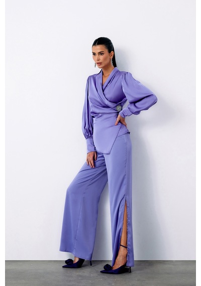Sateen Broşlu Kruvaze Bluz - Lila-135118 Lila