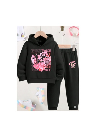 Stil X Twıce Baskılı Sweatshırt Takım / K Pop Siyah-1