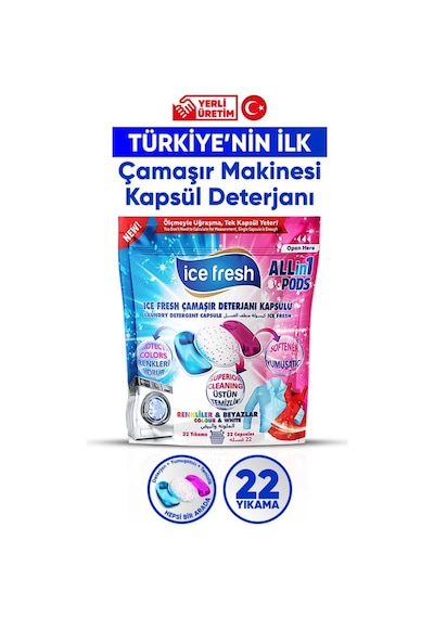 Ice Fresh Çamaşır Makinesi Deterjanı Hepsi Bir Arada Kapsülü 22 Yıkama Beyazlar Ve Renkliler Yerli Üretim 100 ML
