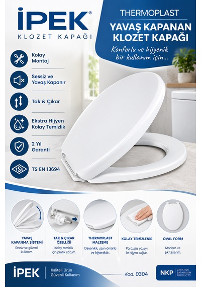 İpek 0304 Thermoplast Yavaş Kapanan Klozet Kapağı Oval Soft Close Beyaz