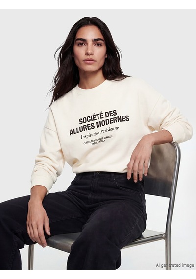 Lcw Vision Ekru Bisiklet Yaka Baskılı Oversize Kadın Sweatshirt