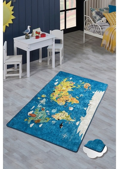World 200X290 Map Mavi Çocuk Ve Bebek Halısı Mavi