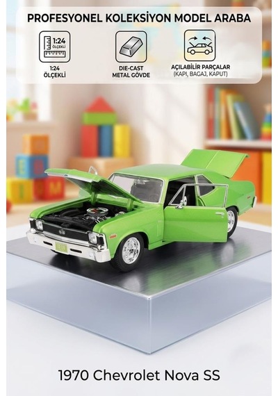 Maisto Lisanslı Chevrolet Nova Ss 1970 Model 1:24 Ölçekli Açılır Kapaklı Klasik Model Araba Yeşil