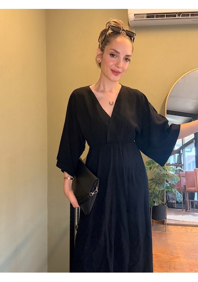Ali Butik Siyah Yarasa Kol Kruvaze Yaka Viskon Elbise