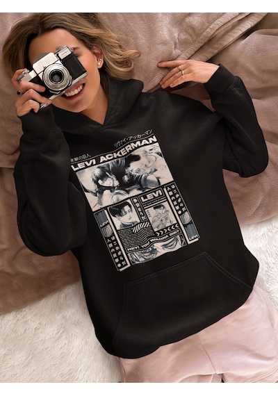 Sevbano Tasarım Levi Ackerman Attack On Titan Baskılı Unisex Oversize Ani Siyah