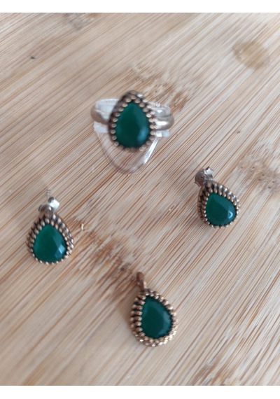 Zümrüt Damla Gümüş Takı Seti Set Muhteviyat 1 Cm En 2 Cm Boy Antik Gümüş