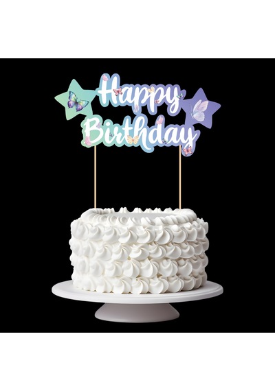Kelebek Temalı Happy Birthday Kaligrafi Pasta Üstü Süs Tüm Yaşlar