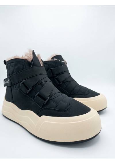 Voyager Kadın Cırt Cırtlı Kalı, Taban İçi Kürklü Kaymaz Taban Sneaker Bot Siyah