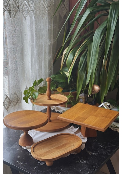 4'lü 2katlı Kek Standı,25 Cm Mummy, 29 Cm Piramit,17x30 Cm İçi Oymalı Set + Kesme Tahtası Hediyeli Kahverengi